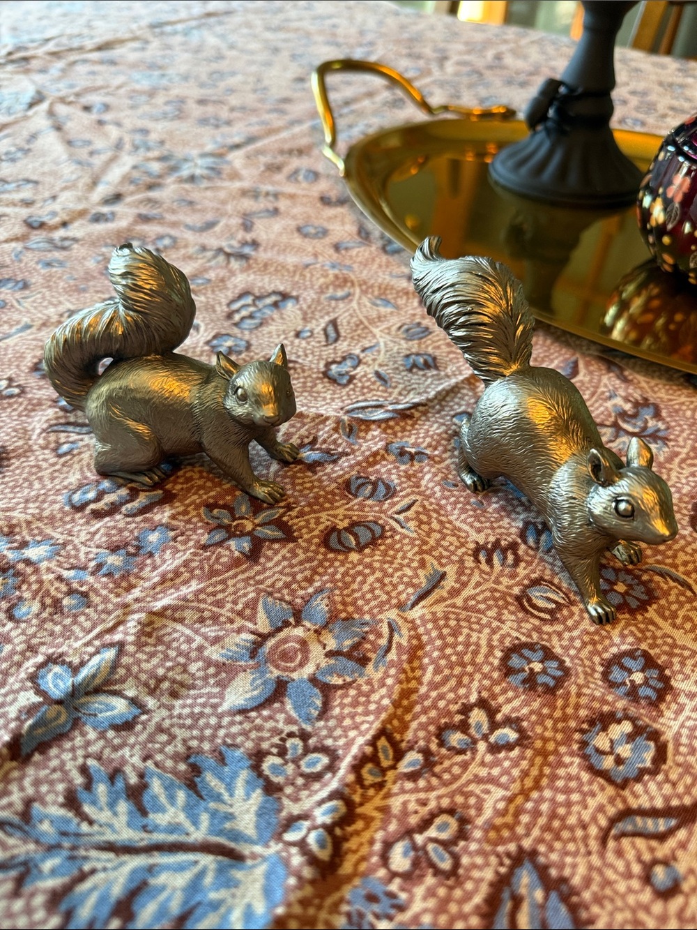 Set of 2 metallic silver colored Squirrel Figures Woodland